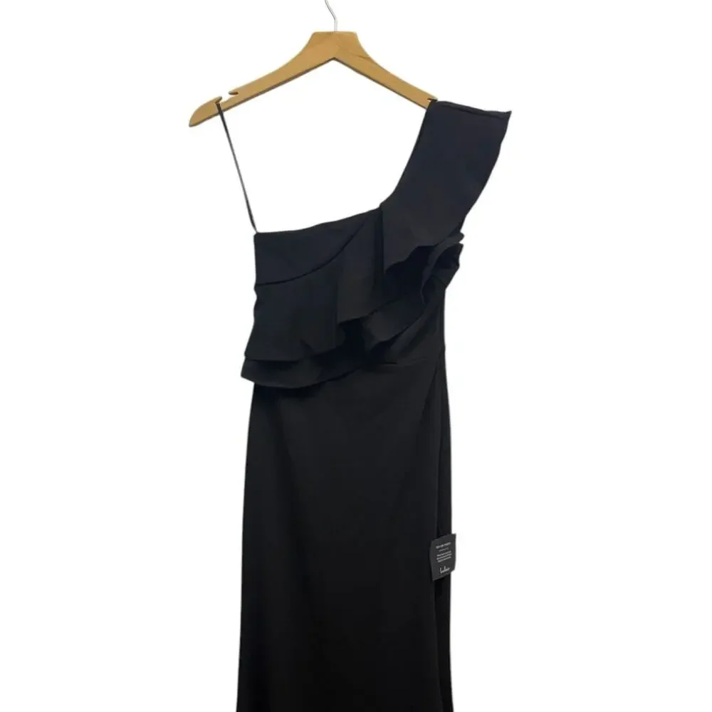 Lulus Grand Beauty Black Ruffled One-Shoulder Mermaid Maxi Dress size S NWT - Picture 6 of 7